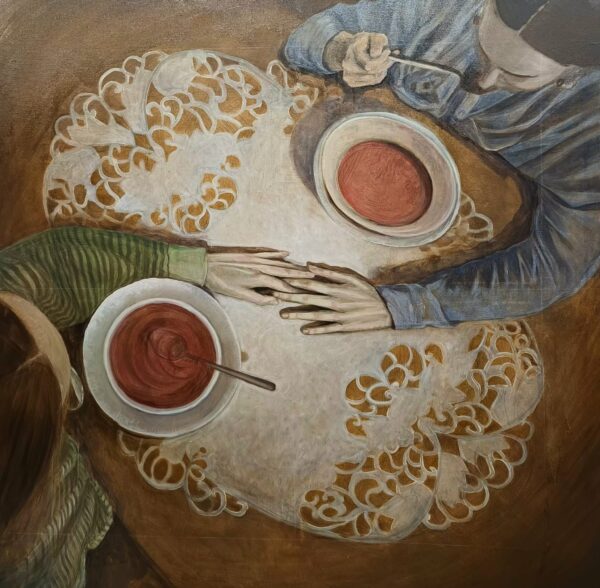 Zupa pomidorowa, siostrzeństwo, dwie kobiety przy stole, scena z lotu ptaka, domowa atmosfera, obiad, dom