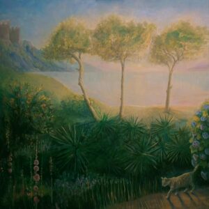 Obraz olejny „Cisza świtu” - duży kwadratowy pejzaż nad wodą z trzema drzewami, gęstą roślinnością na pierwszym planie, zamkiem na wzgórzu w tle i kotem idącym po ścieżce.