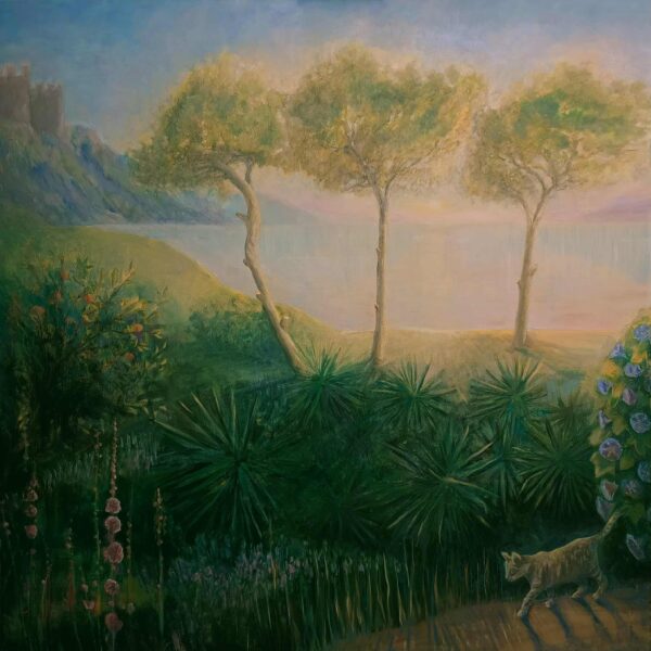 Obraz olejny „Cisza świtu” - duży kwadratowy pejzaż nad wodą z trzema drzewami, gęstą roślinnością na pierwszym planie, zamkiem na wzgórzu w tle i kotem idącym po ścieżce.