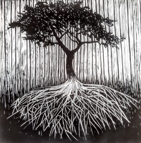 Małgorzata Morgen, linoryt, drzewo, korzenie, grafika