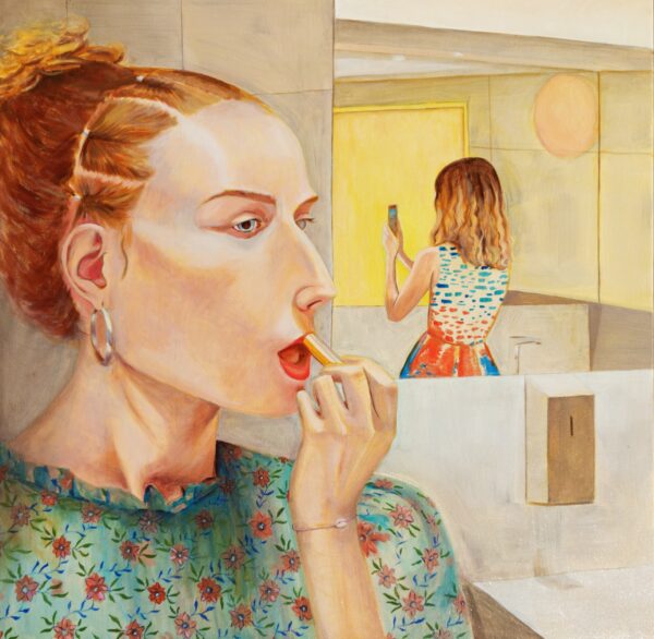 Lustrzane odbicie, malarstwo olejne, dwie siostry w codziennej chwili, w toalecie, nakładając szminkę, robienia selfie, wzorowanie się