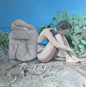 obraz olejny, dwie skulone postacie, ciepło, surowość, opuncja, kaktusy, morze,figuratywizm, błękit, rzeźba, zamyślenie, nostalgia, relacja, siostrzeństwo