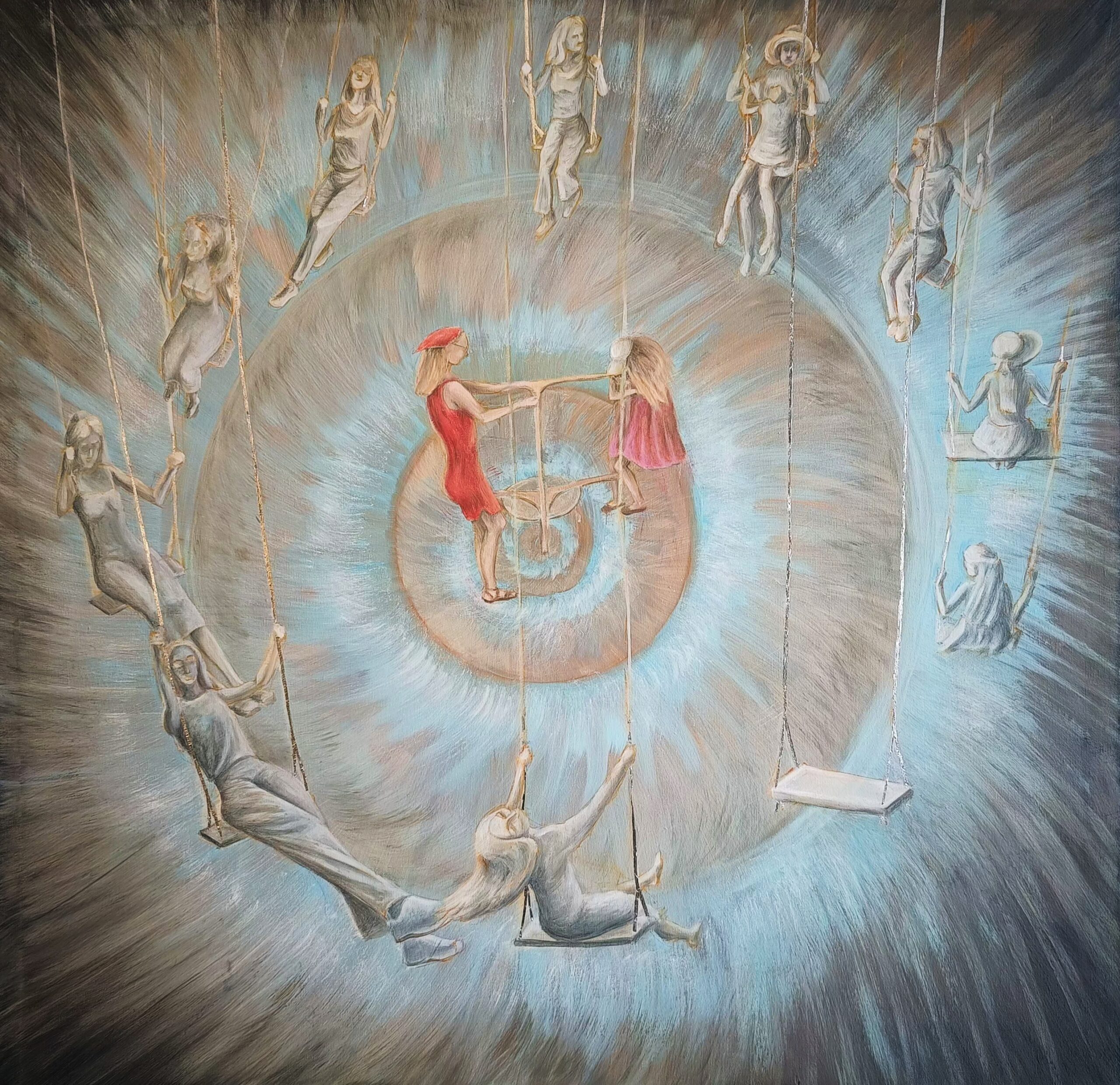 "Orbita pamięci", obraz olejny, figuratywny, obraz na sprzedaż, krąg huśtawek, wspomnień, dziewczynek, spirala, z cyklu siostrzeństwo