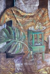 Kolorowa martwa natura z gruszką, pastel suchy na papierze