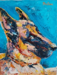 kolorowy portret psa owczarka niemieckiego, malowany techniką impaso farbami akrylowymi