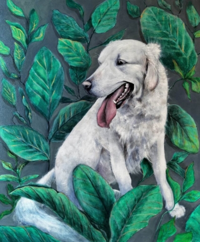 pies, biały pies, akryl na płótnie, obraz na zamówienie, liście, zielone liście, Golden retriever