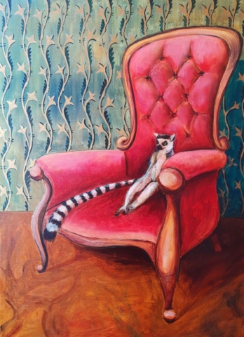 lemur, lemur katta, czerwony fotel, ornamenty, olej na płótnie