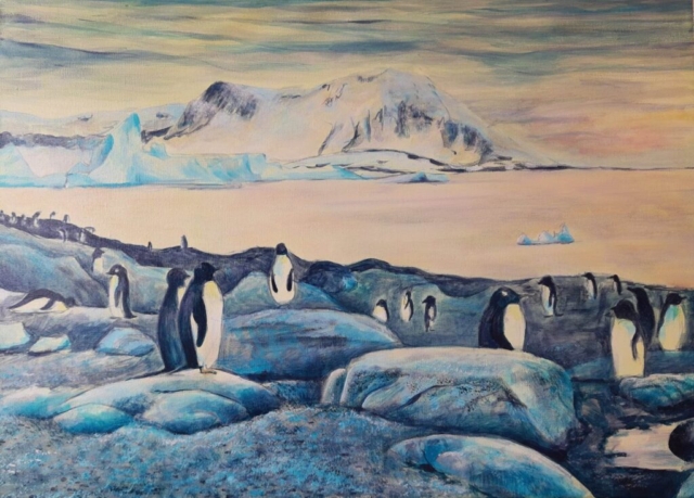 antarktyda, pingwiny, akryl na płótnie, zima, niebieski, zorza polarnam, obraz na zamówienie